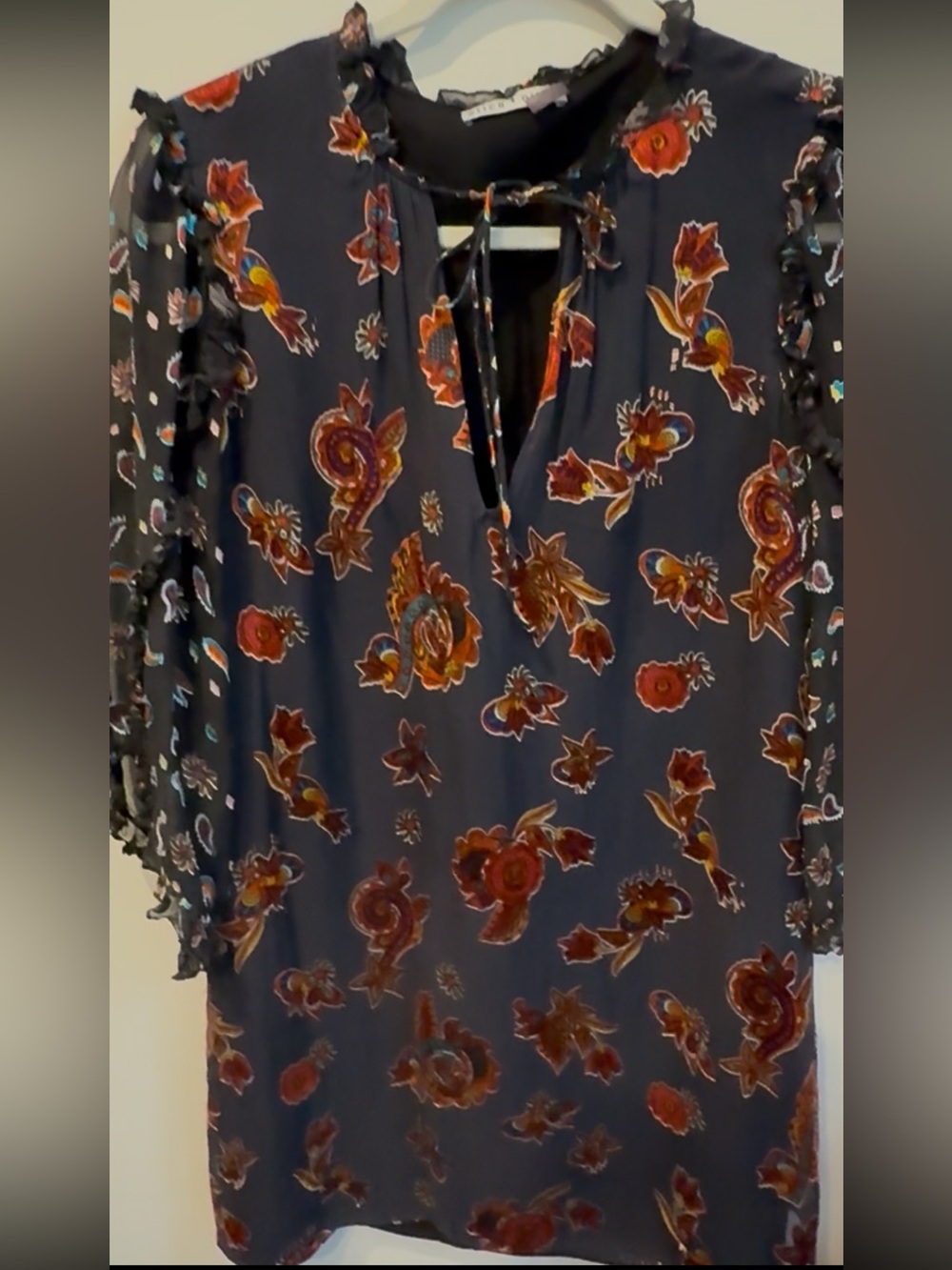 Alice + Olivia Navy Floral Ruffled Tie-Neck Dress
